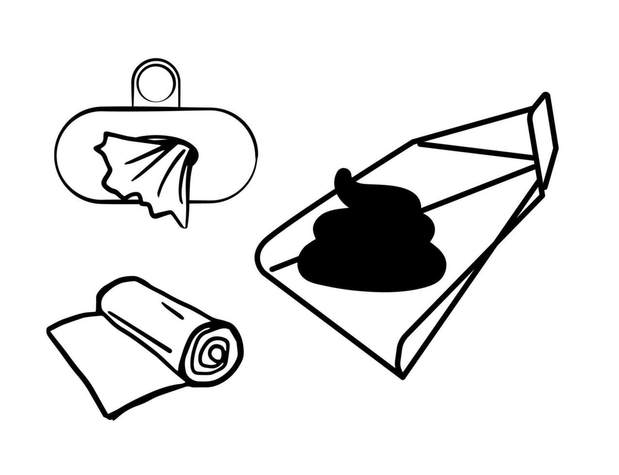 poop bag dispenser with a bag, a roll of bags, and a folded poop scoop with waste, remove pet waste, Social responsibility minimalist black and white illustration for print, brochures, stands, poster vector