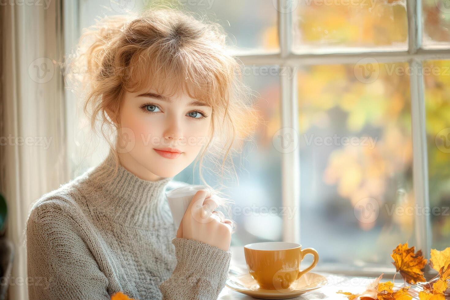 A beautiful young woman sitting in front of a window with autumn leaves photo