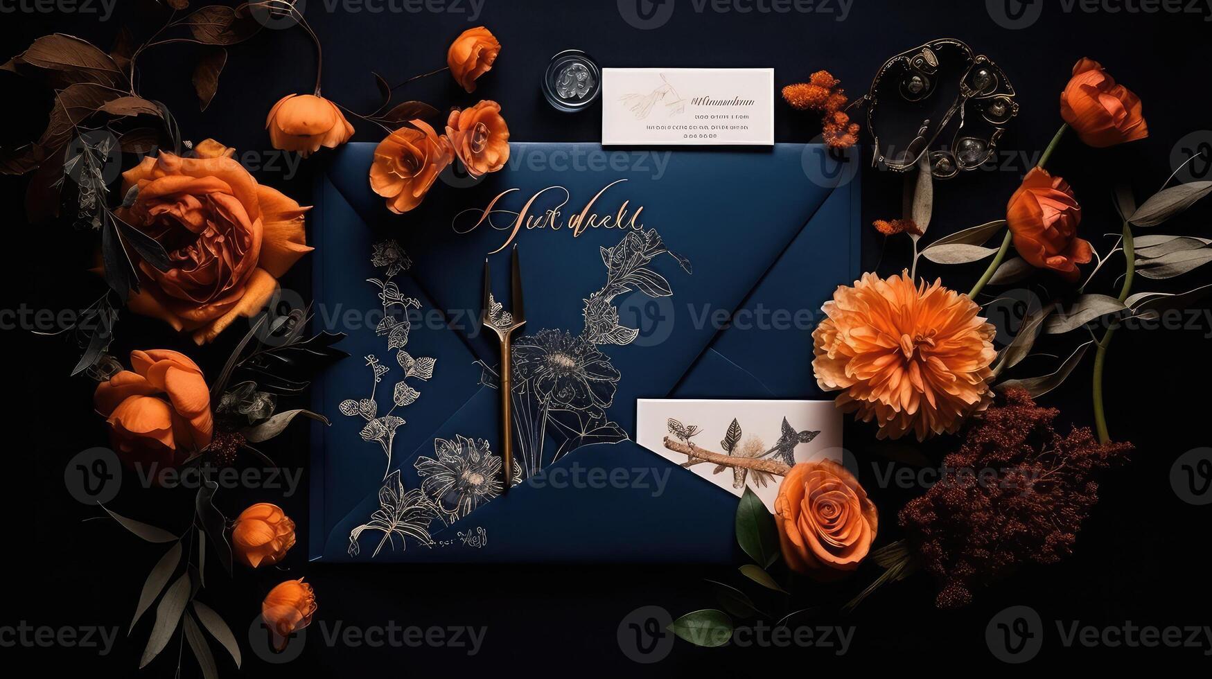 floral dark blue and orange proposal photo