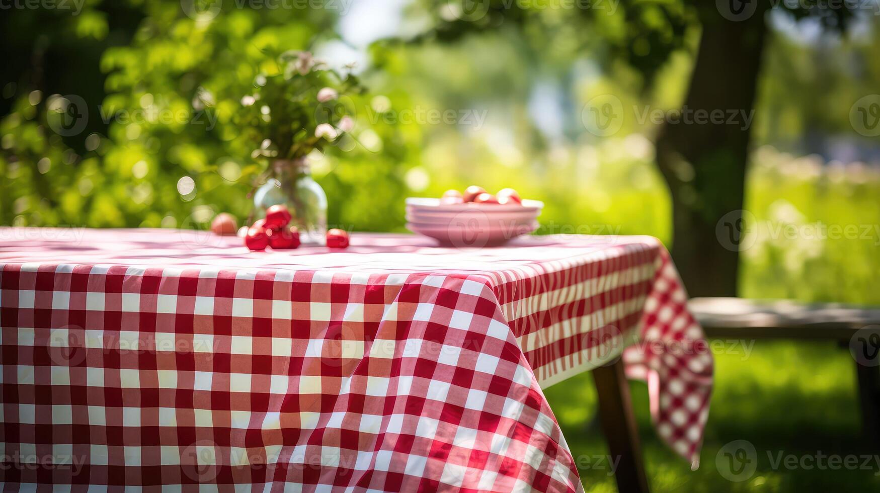 vibrant red and white checkered table cloth photo