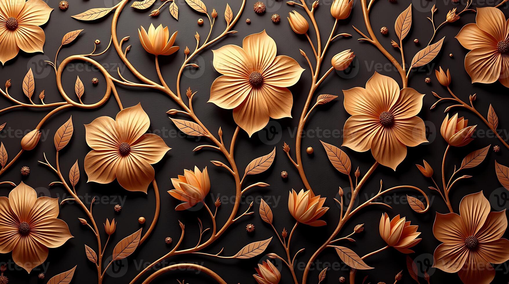 Golden flowers on black background photo