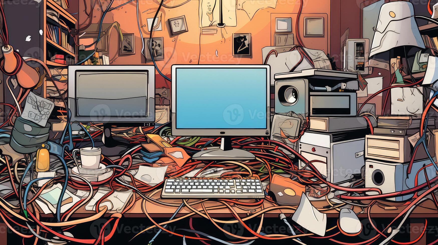 cords messy office illustration photo
