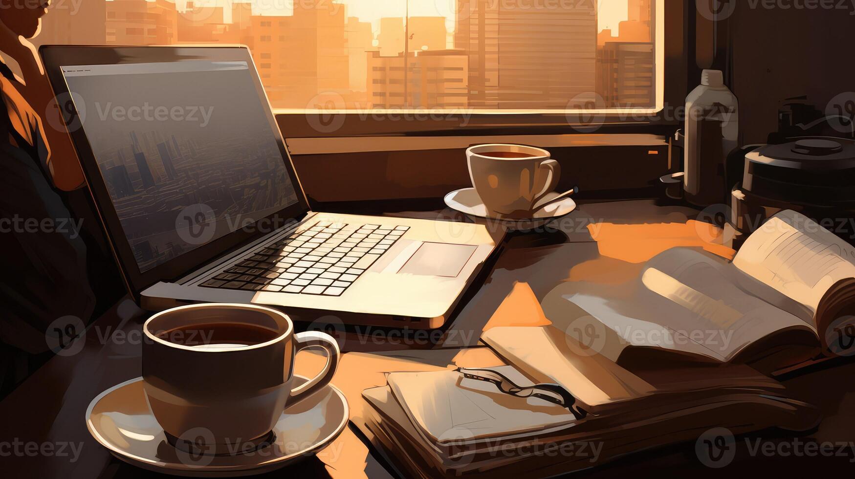 typing laptop desk coffee photo