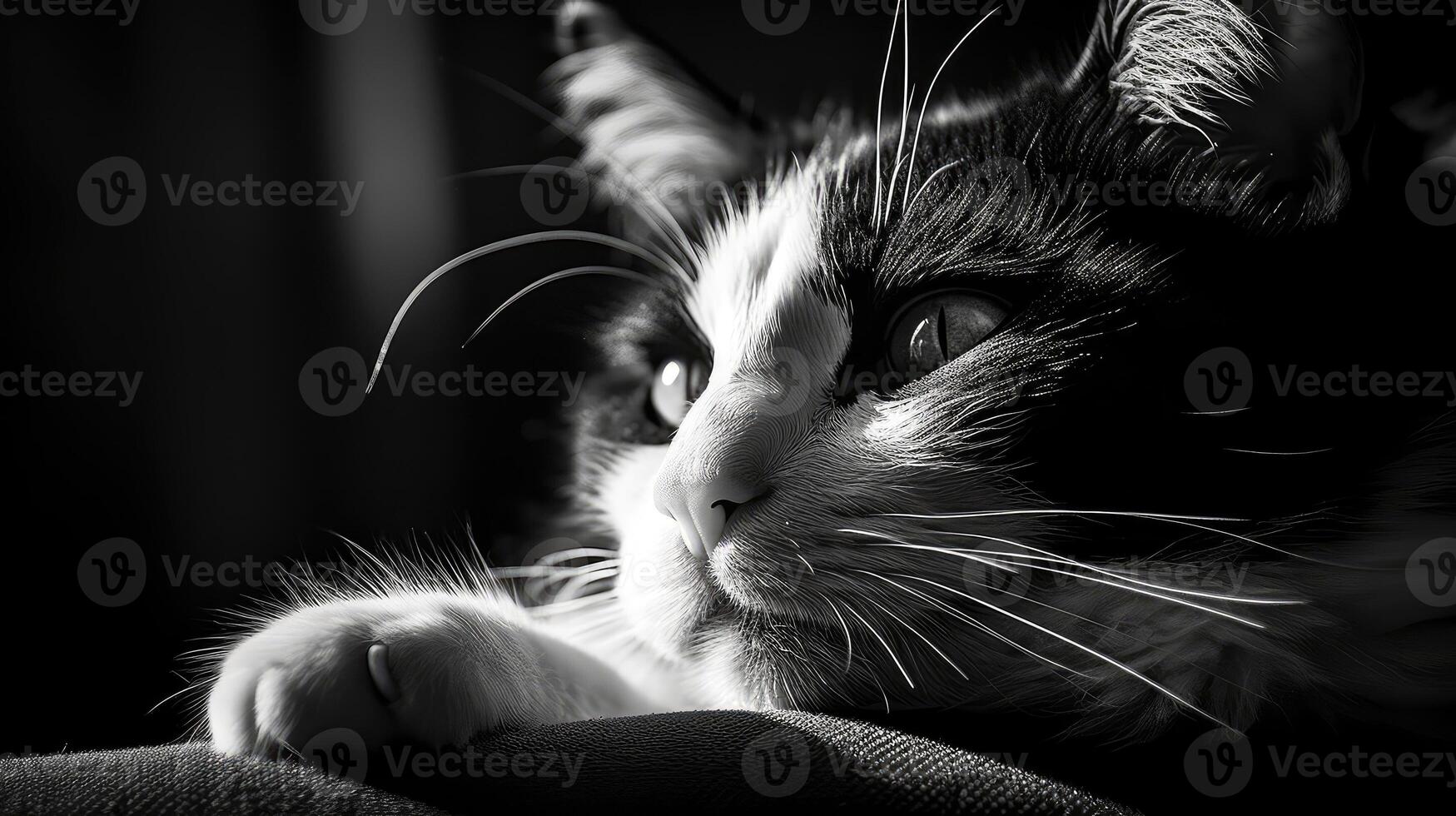 lounging cat black and white photo