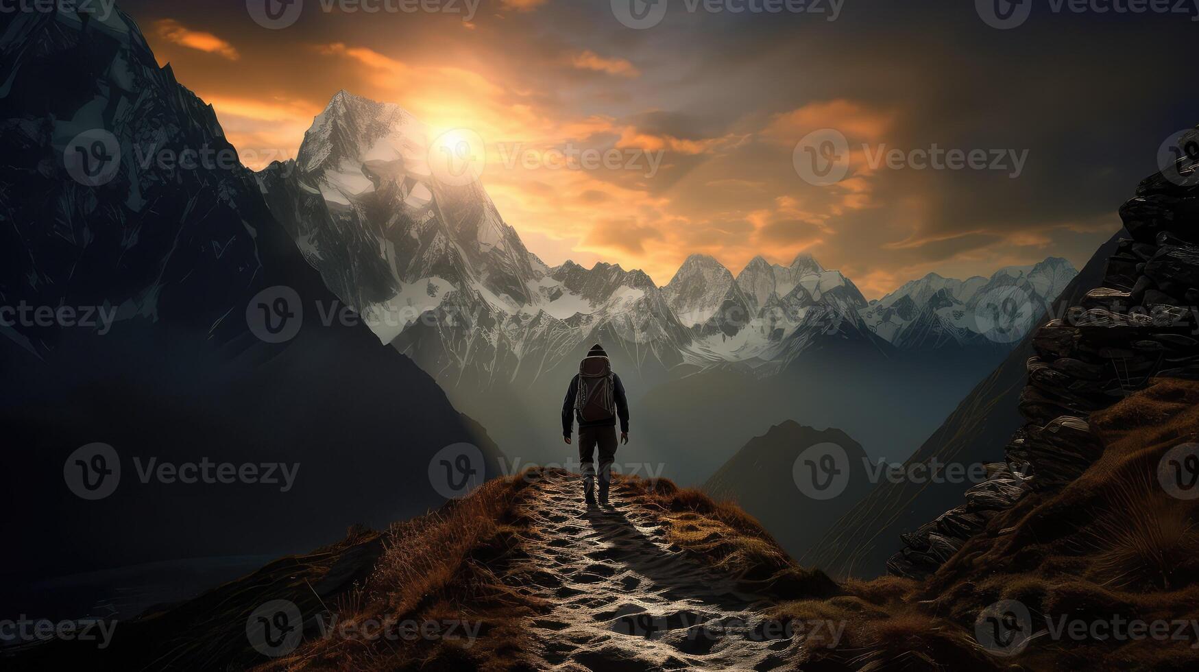 hiker mountains black photo