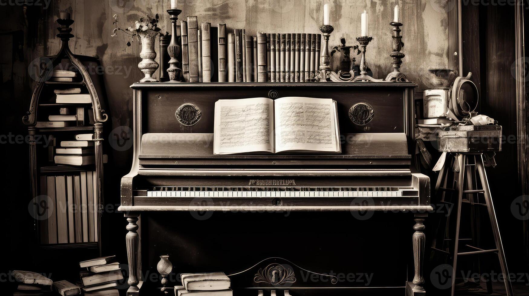 rustic black and white piano photo