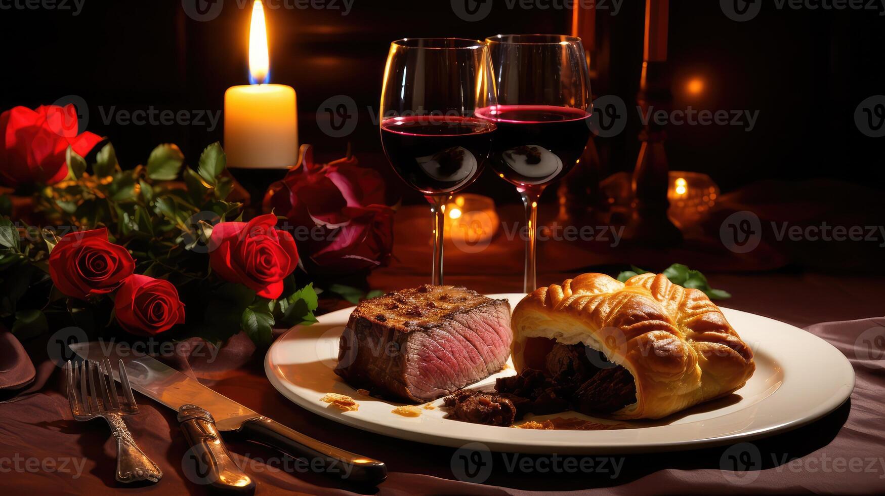 flowers beef wine photo