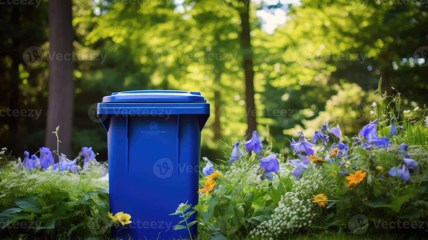 trees blue trash can photo