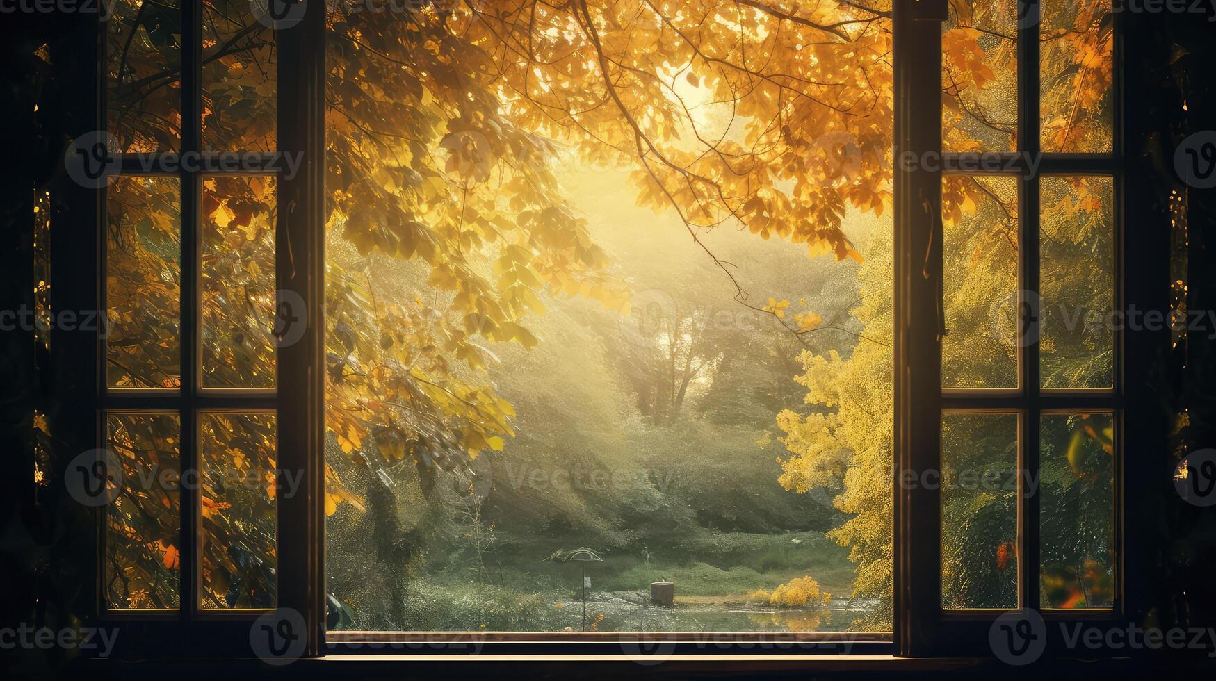 leaves window with trees photo