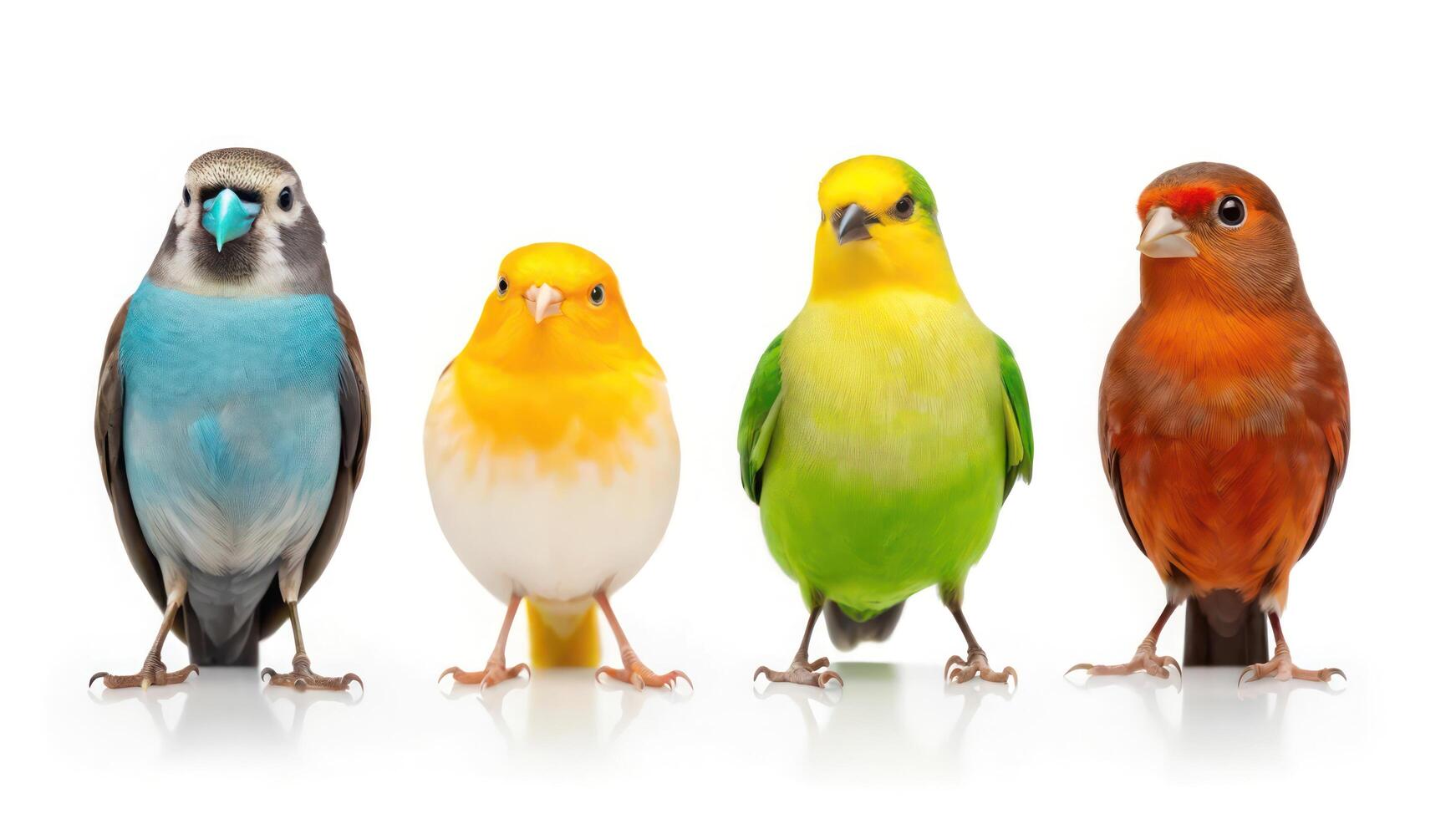 Five colorful birds standing in a row photo
