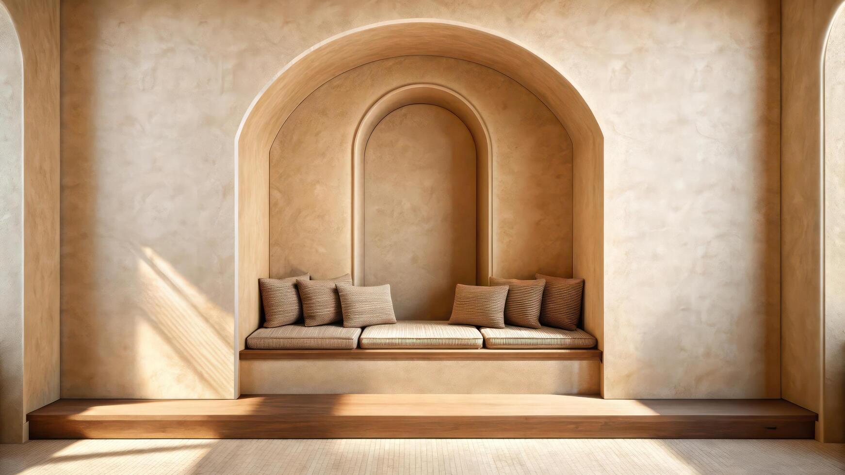 A room with a bench and arched windows photo