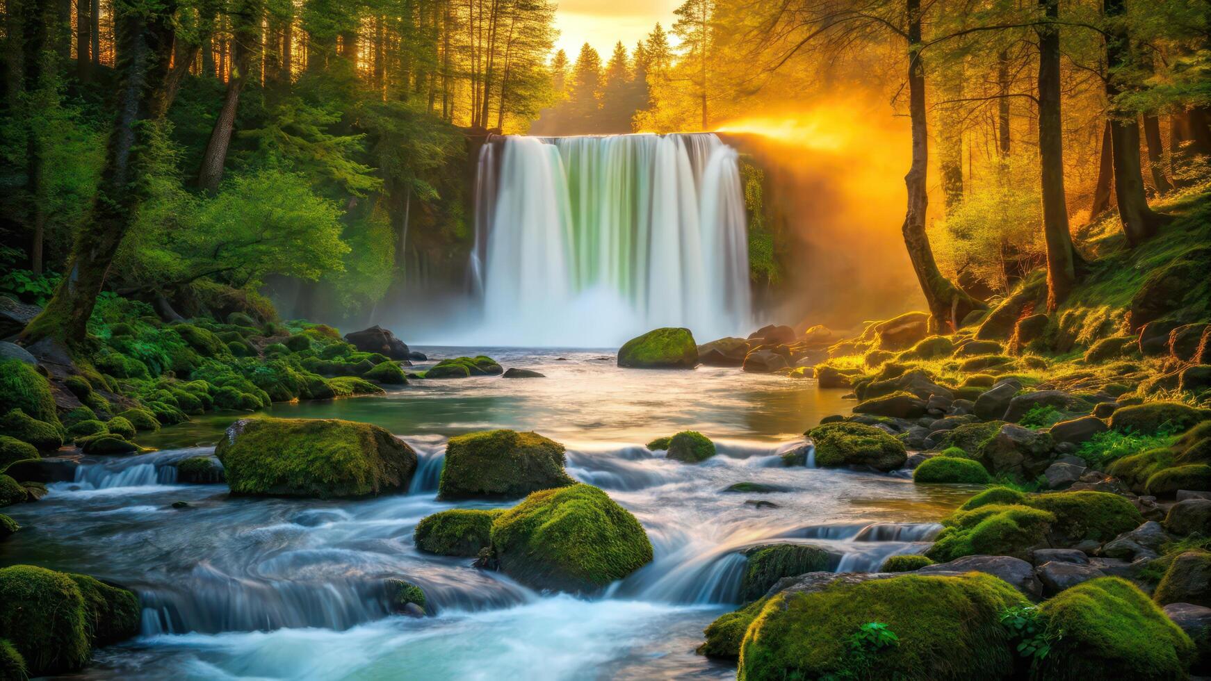 A waterfall in the forest with green trees and rocks photo