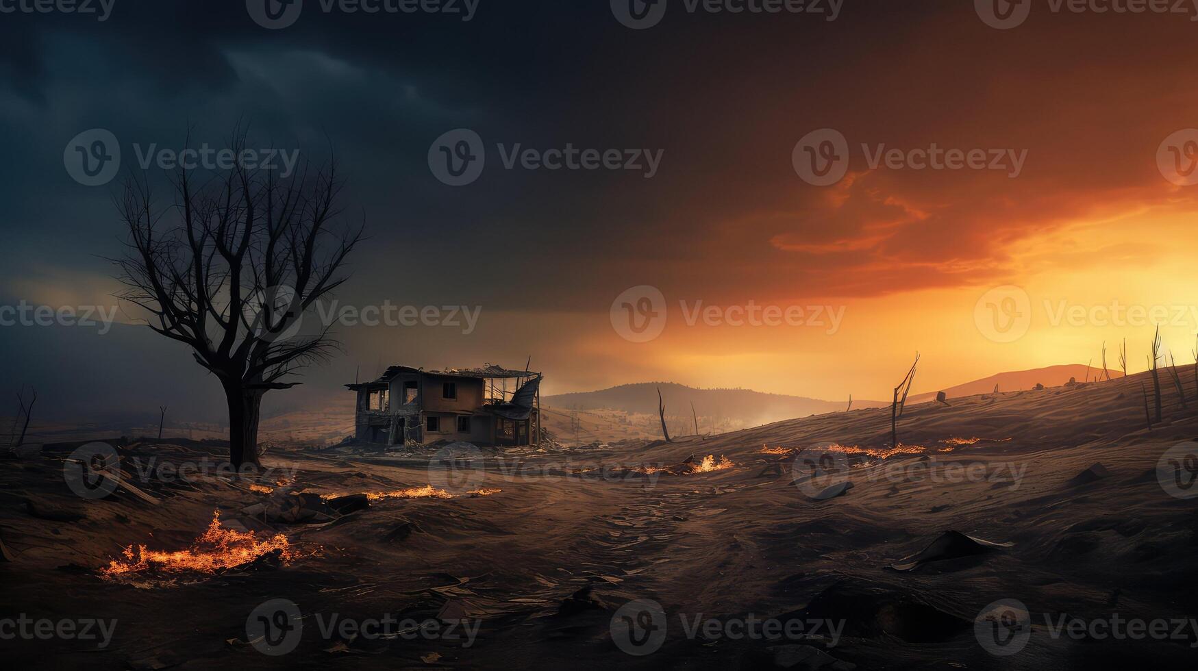 charred wildfire houses photo