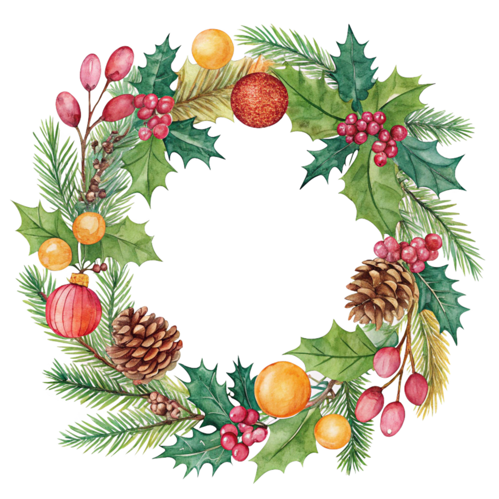 Festive watercolor wreath featuring holly berries pinecones and ornaments on a Ideal for holiday cards and decorations Bright isolated on transparent background png