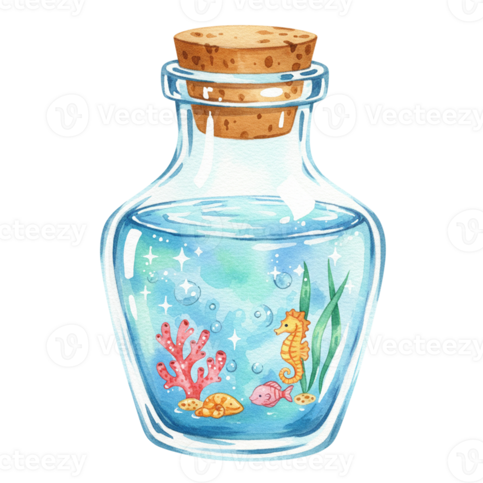 Underwater scene in a bottle colorful marine life illustration bright and clear environment artistic viewpoint png