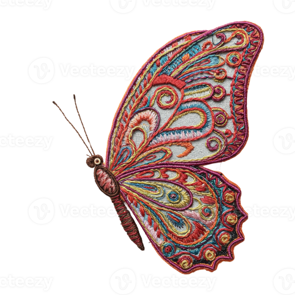 Intricate butterfly embroidery art creative studio textile design colorful environment close-up view artistic expression png