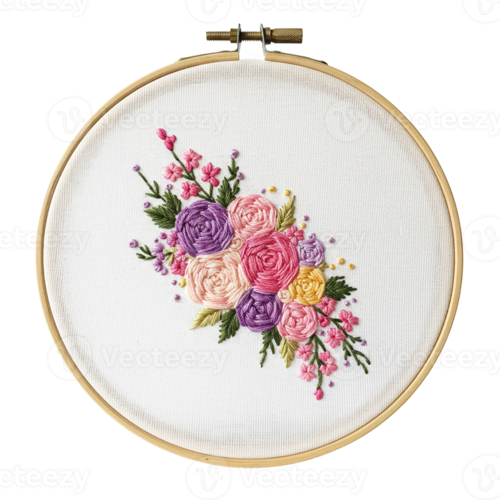 Embroidered floral artwork display home studio crafting content artistic environment close-up view creative expression png