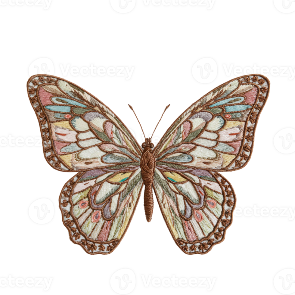 Delicate butterfly embroidery art nature gallery textile design soft palette close-up intricate patterns png
