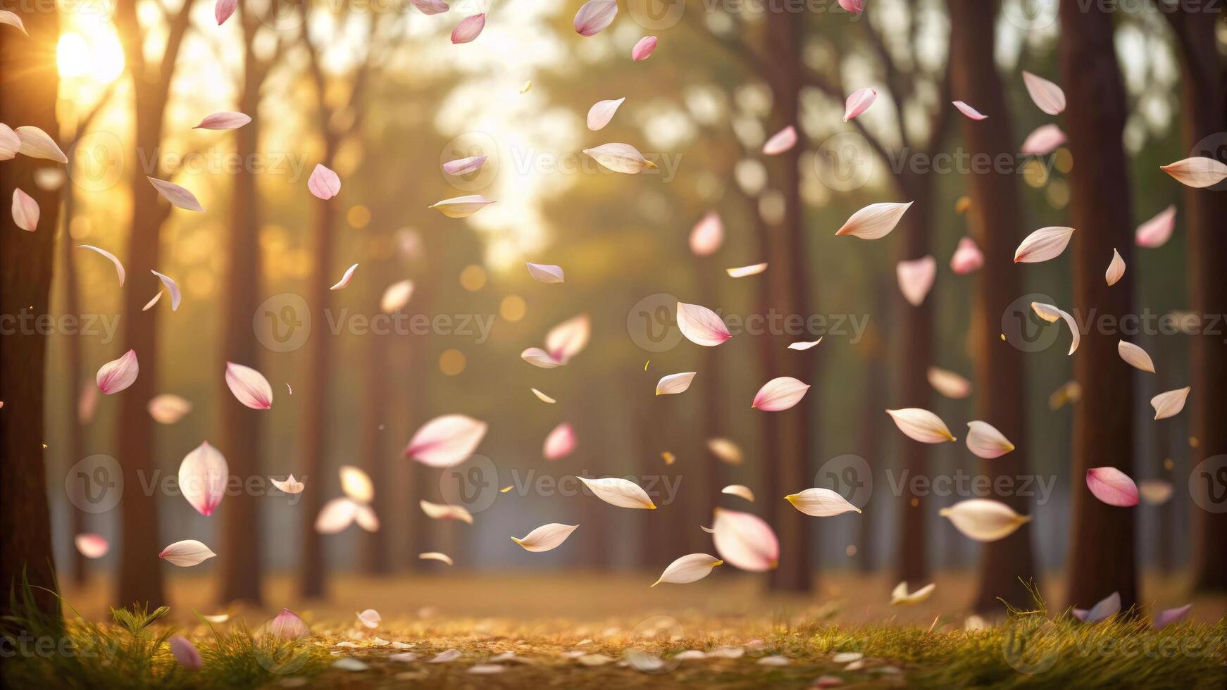 Magnolia petals floating in a dreamy landscape enchanted forest nature photography serene environment soft light photo