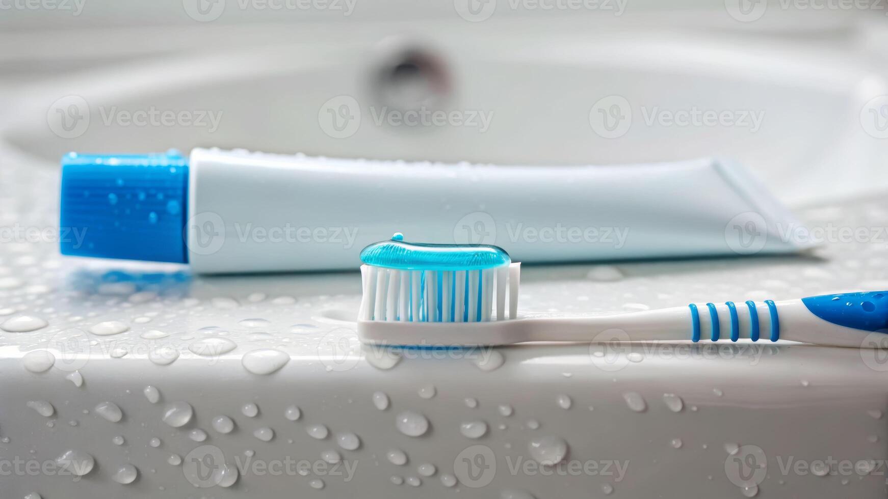Hygiene routine close-up of toothbrush and toothpaste on clean sink in bright bathroom environment photo