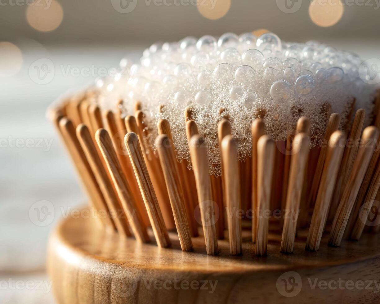 Hygiene action close-up of wooden hairbrush with shampoo home setting product photography lifestyle concept photo