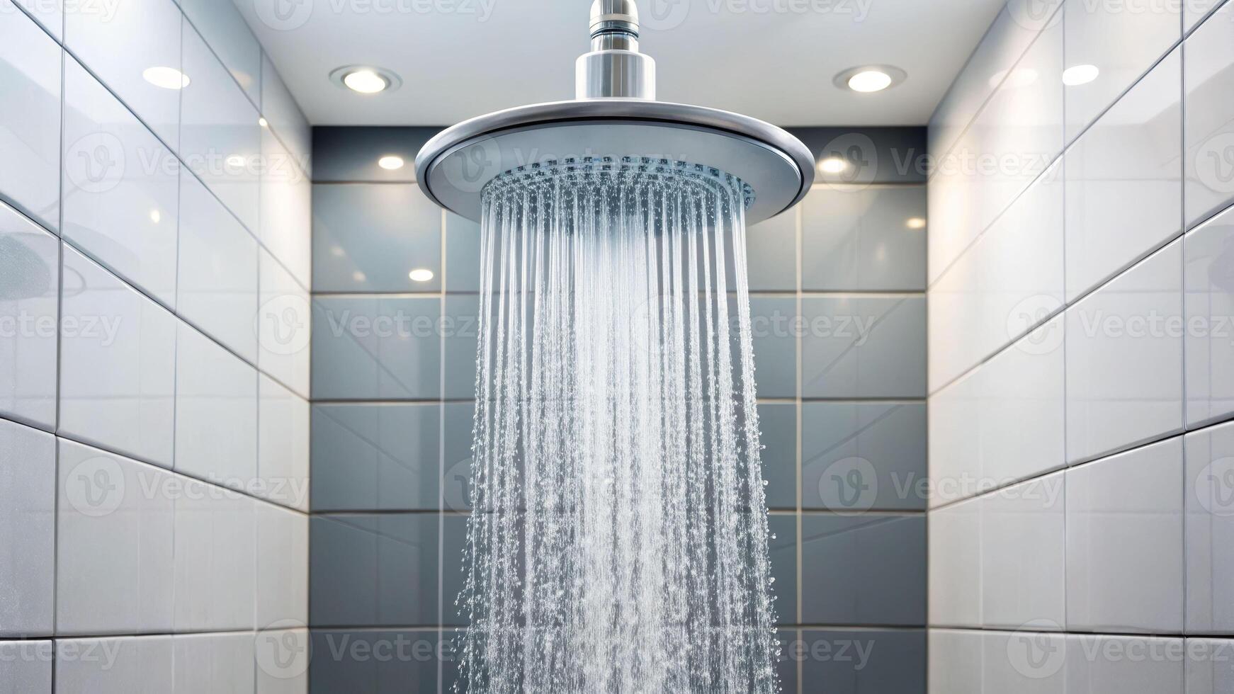 Cleaning and hygiene tips showerhead releasing a steady stream of water in a modern bathroom environment photo
