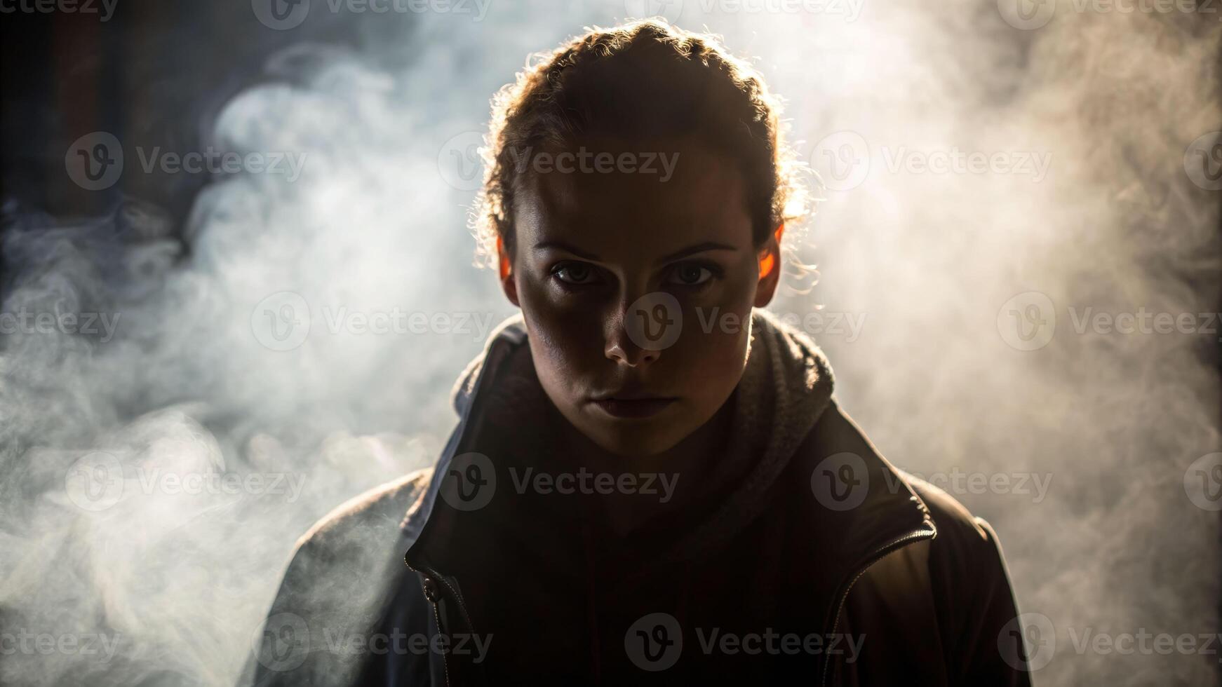 Dramatic shadow portrait of a person emerging from smoke dimly lit studio captivating atmosphere intense viewpoint photo
