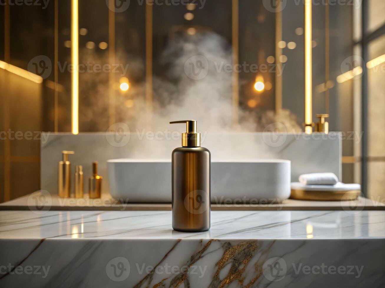 Luxury bathroom hygiene essentials modern spa setting elegant shampoo bottle serene atmosphere close-up view photo