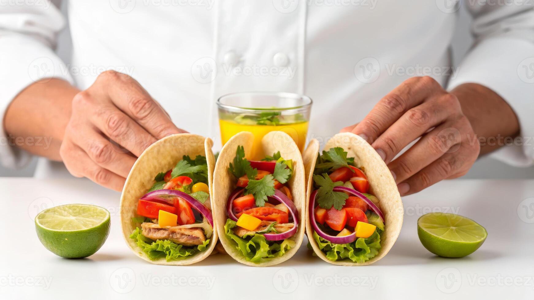 Wine pairing experience chef skillfully prepares fresh tacos with vibrant ingredients at a culinary event photo