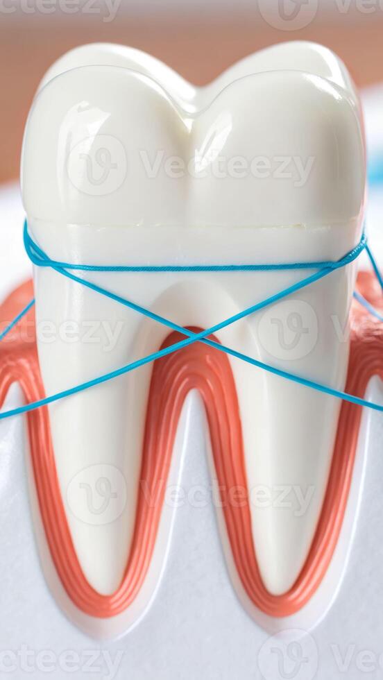 Dental hygiene techniques demonstrating flossing on a tooth model clinical setting informative close-up health awareness photo