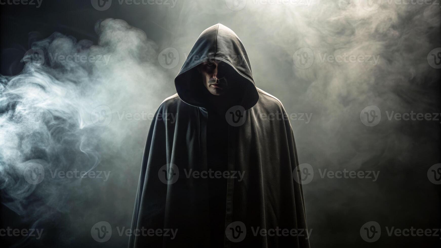 Mysterious shadow figure in a hooded cloak dimly lit environment dark atmosphere captivating concept photo