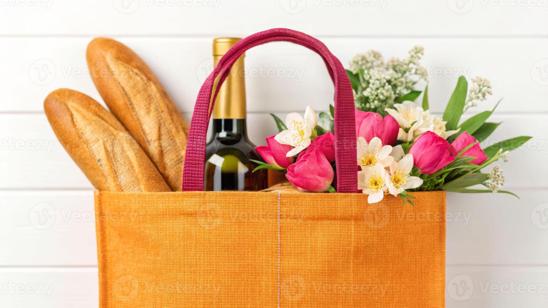 Picnic essentials wine bread and flowers in a vibrant jute bag outdoor setting lifestyle concept photo