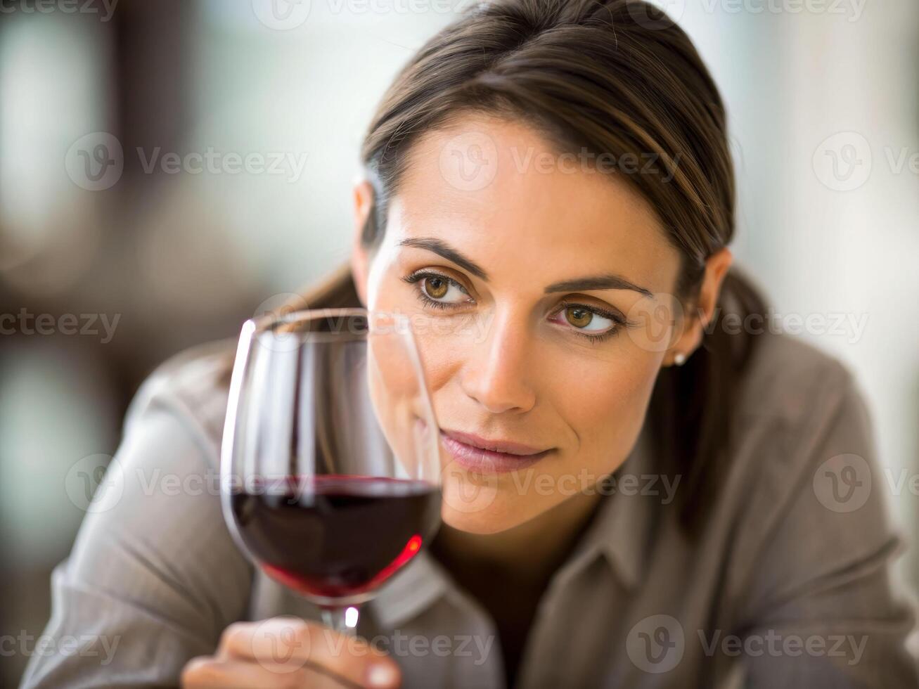 Woman leaning over glass of wine modern bar lifestyle photography intimate environment close-up view wine appreciation photo