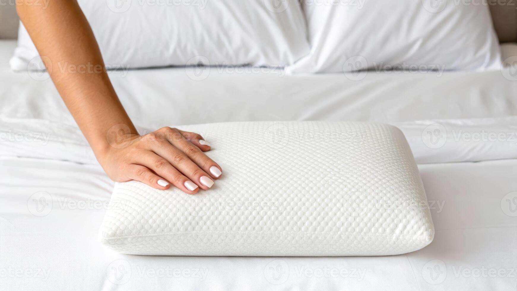 Gentle touch on a soft pillow a delicate hand's embrace in a cozy bedroom setting photo