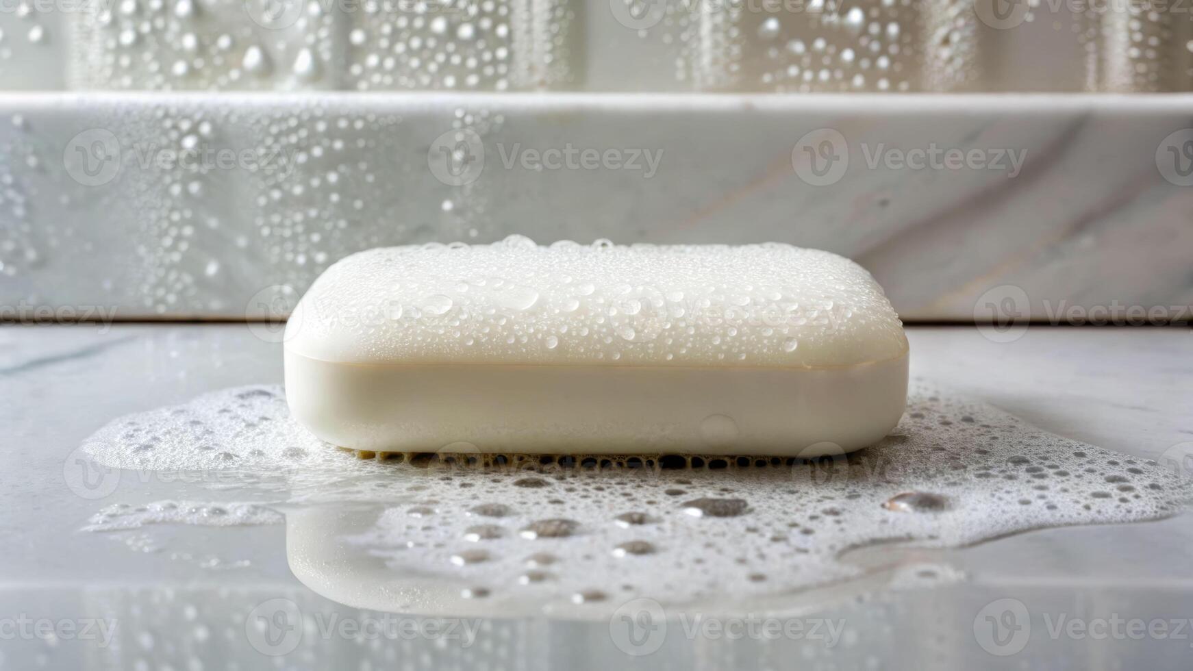 Enhancing hygiene close-up of a bar of soap with bubbles on a wet surface home bathroom environment high-quality image photo
