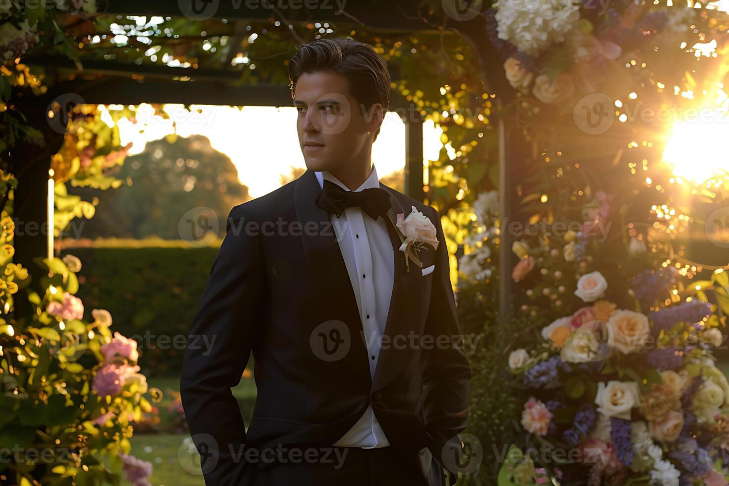 A man in a tuxedo stands in front of a flower arch photo