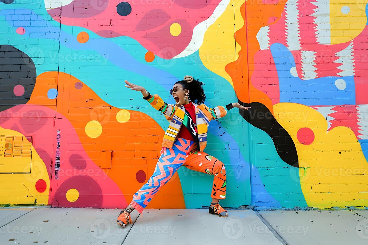 A woman in colorful pants and jacket is posing in front of a colorful wall photo