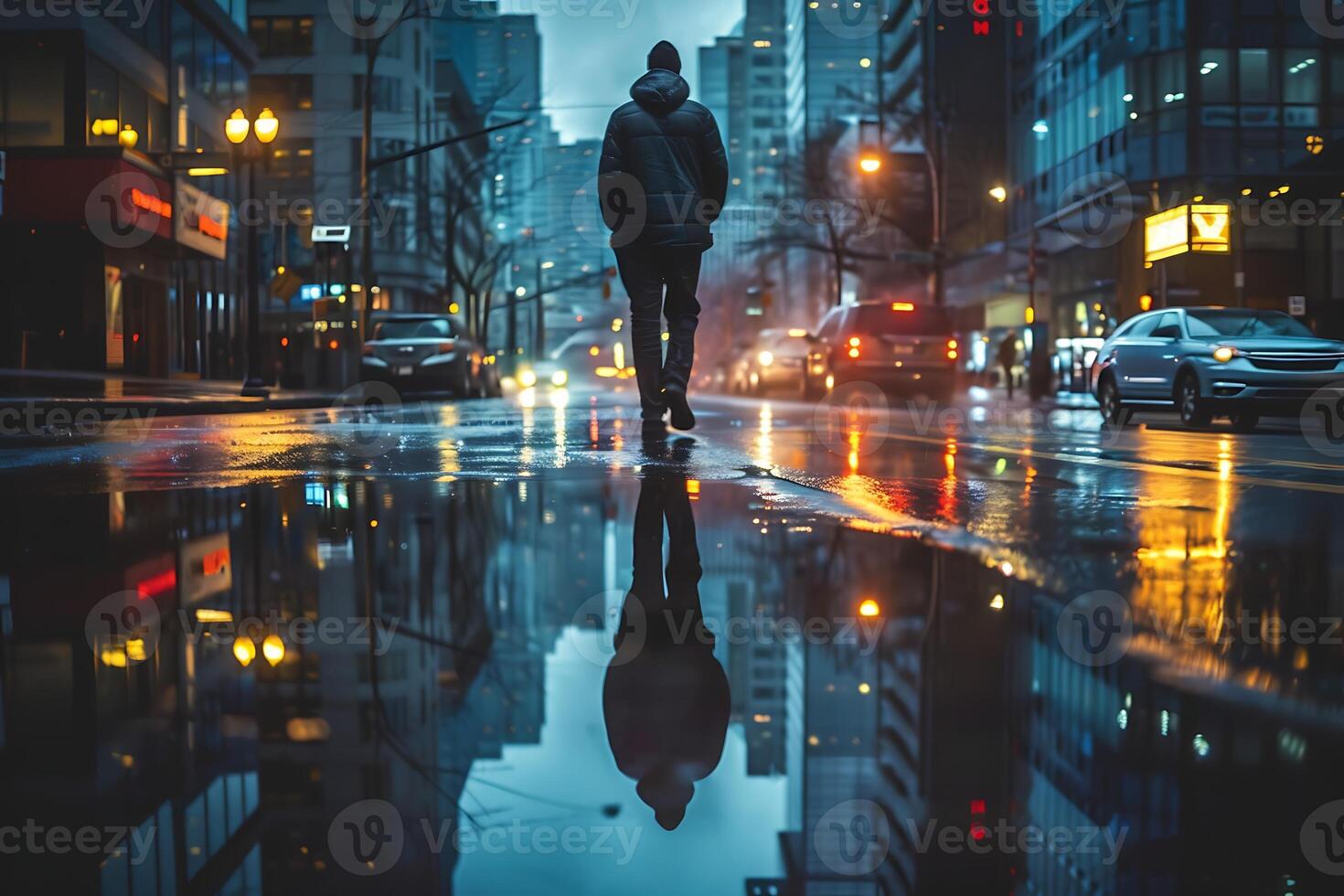 A man walking on a wet street at night photo