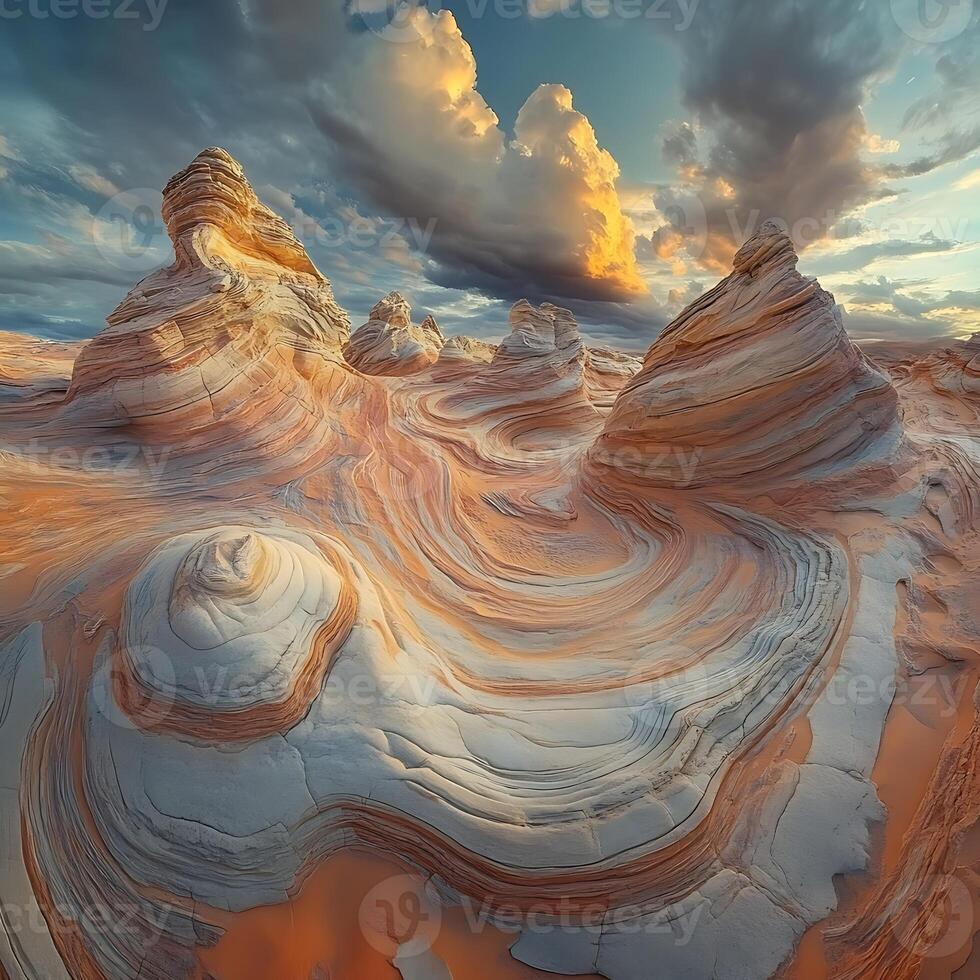 The desert is covered with white and orange rocks photo