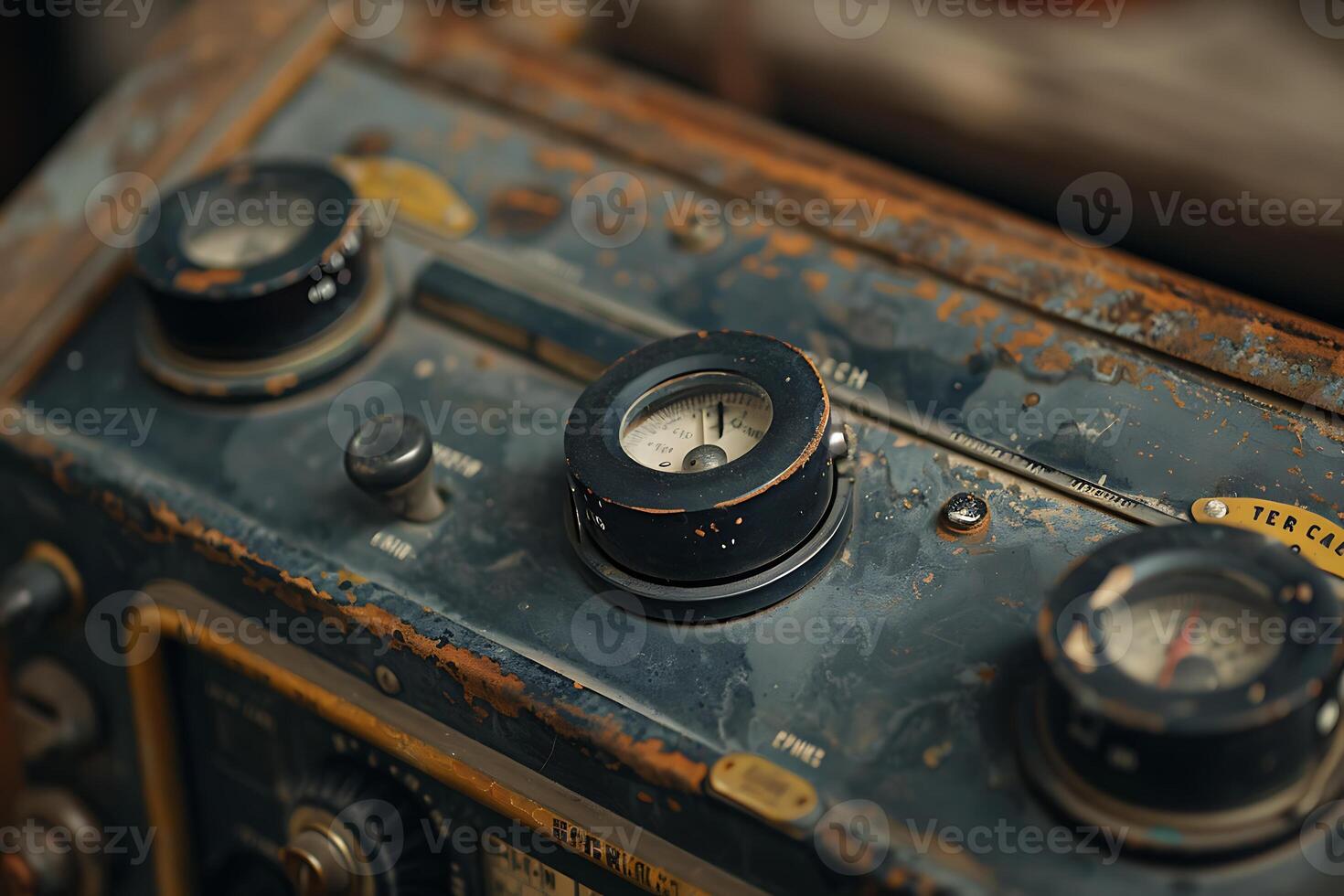 An old radio with gauges and a wooden table photo