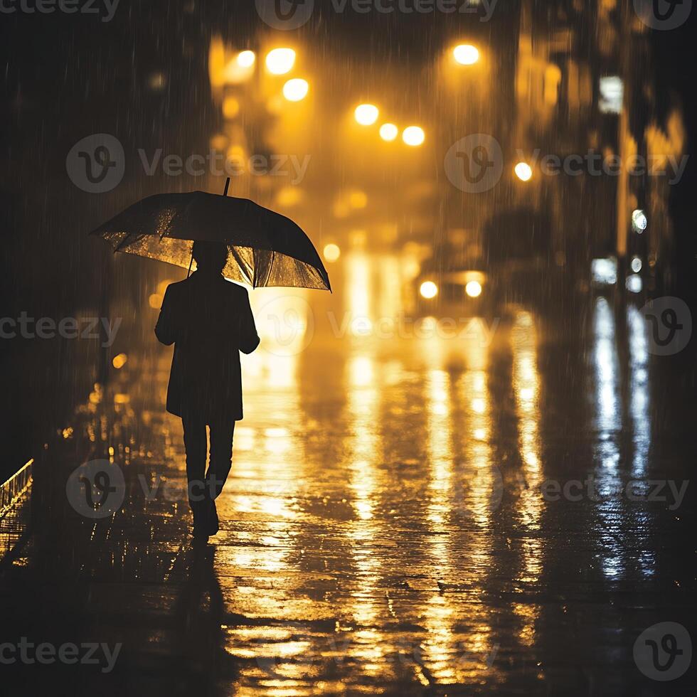 A person walking in the rain with an umbrella photo