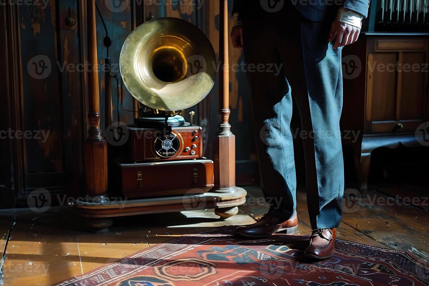 A man in a suit standing next to a gramophone photo