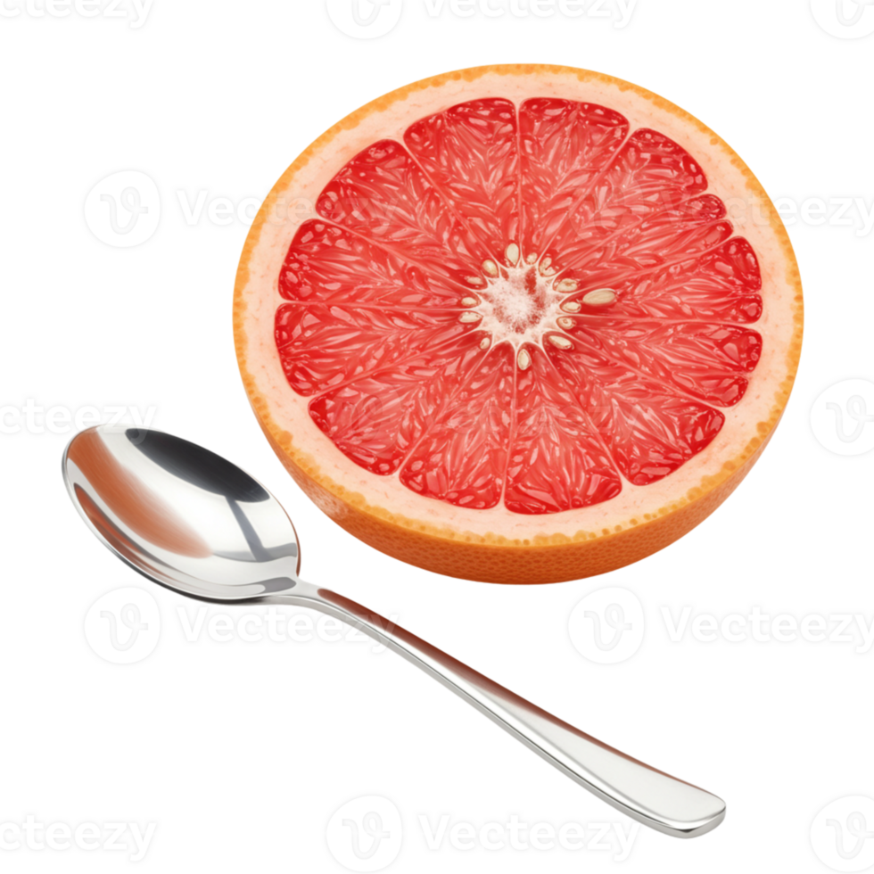 Refreshing grapefruit slice with silver spoon kitchen table food photography bright setting close-up healthy eating png