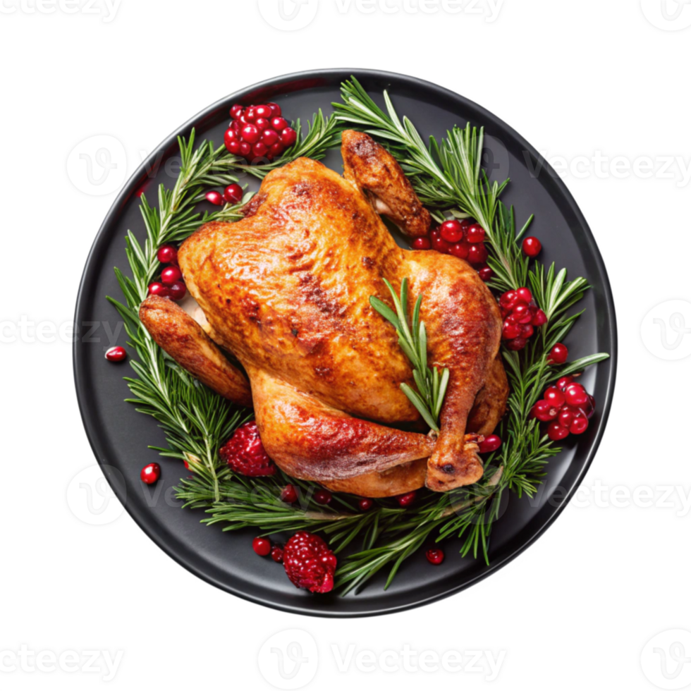 roasted turkey with rosemary and cranberries on a black plate isolated on transparent background png