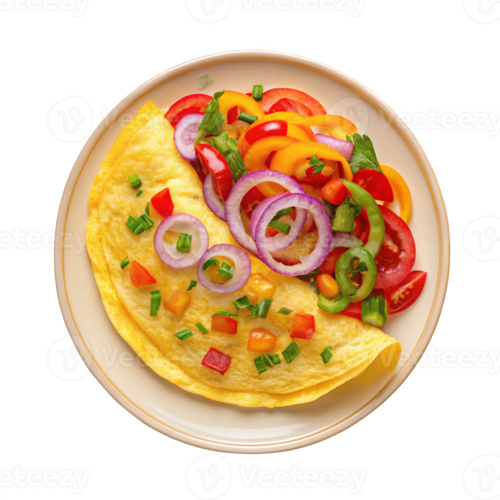 an omelet with vegetables and peppers on a plate png