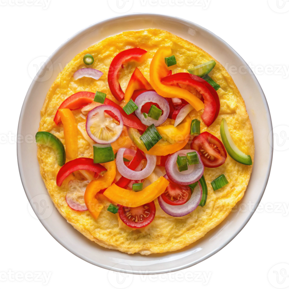 an omelet with vegetables on top of a white plate png