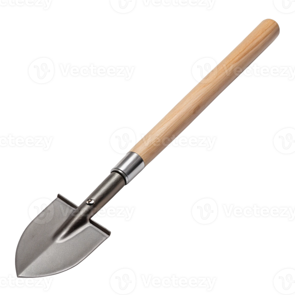 a shovel with wooden handle on a transparent background png
