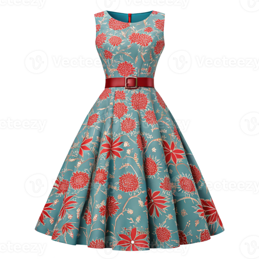 a dress with floral print on the front and red belt png