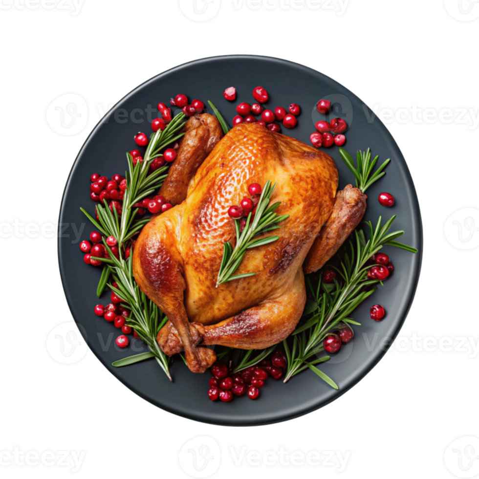 roasted turkey with rosemary and cranberries on a plate isolated on transparent background png