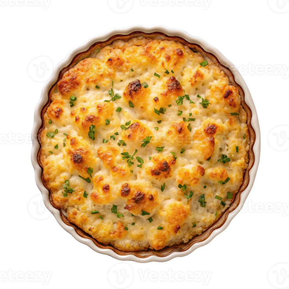 a cheesy dish in a white dish on a transparent background png